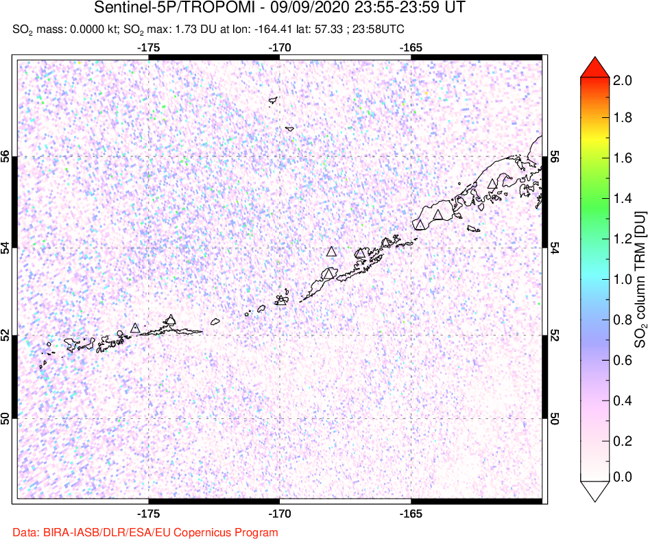 A sulfur dioxide image over Aleutian Islands, Alaska, USA on Sep 09, 2020.