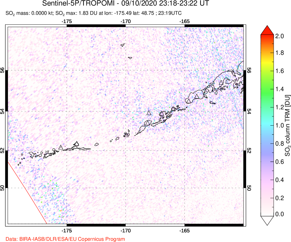 A sulfur dioxide image over Aleutian Islands, Alaska, USA on Sep 10, 2020.