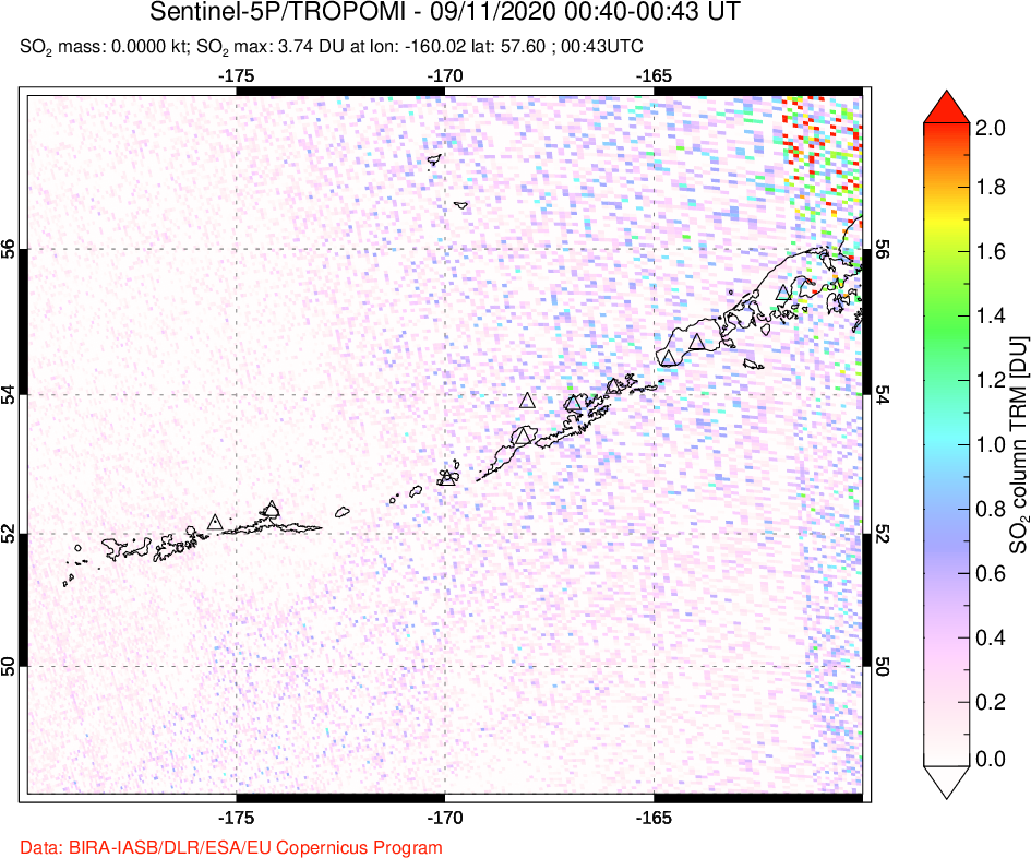 A sulfur dioxide image over Aleutian Islands, Alaska, USA on Sep 11, 2020.