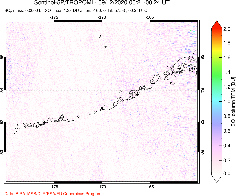 A sulfur dioxide image over Aleutian Islands, Alaska, USA on Sep 12, 2020.
