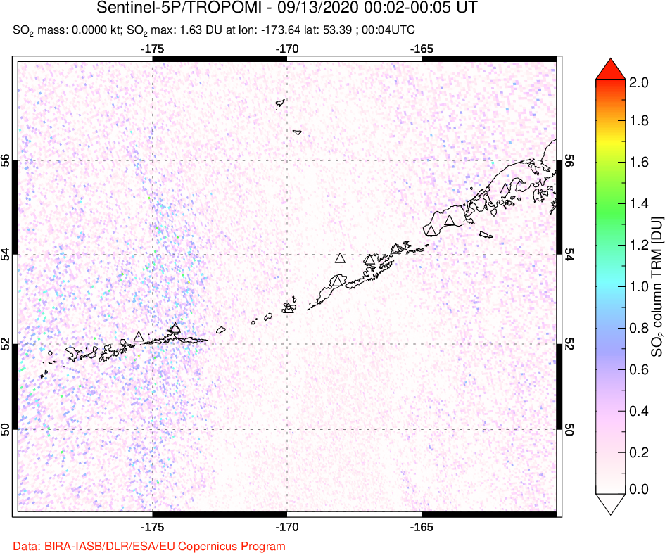A sulfur dioxide image over Aleutian Islands, Alaska, USA on Sep 13, 2020.