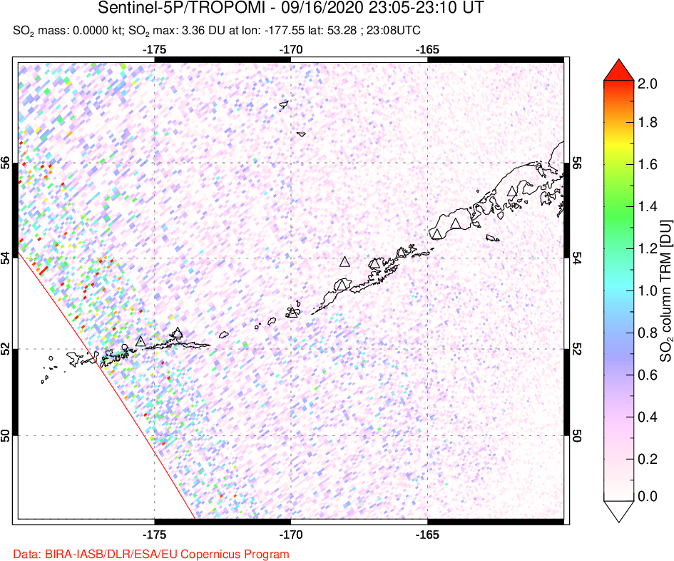 A sulfur dioxide image over Aleutian Islands, Alaska, USA on Sep 16, 2020.