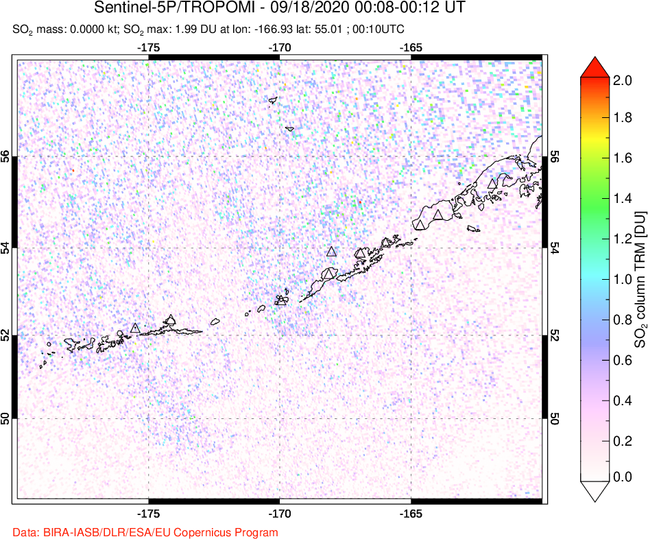 A sulfur dioxide image over Aleutian Islands, Alaska, USA on Sep 18, 2020.