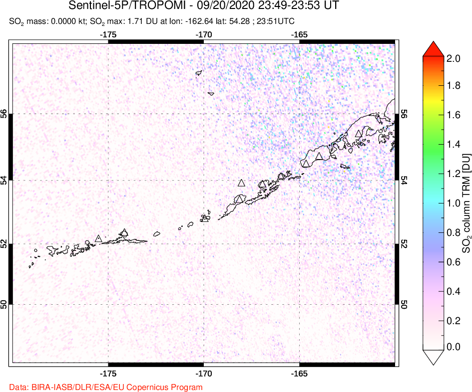 A sulfur dioxide image over Aleutian Islands, Alaska, USA on Sep 20, 2020.