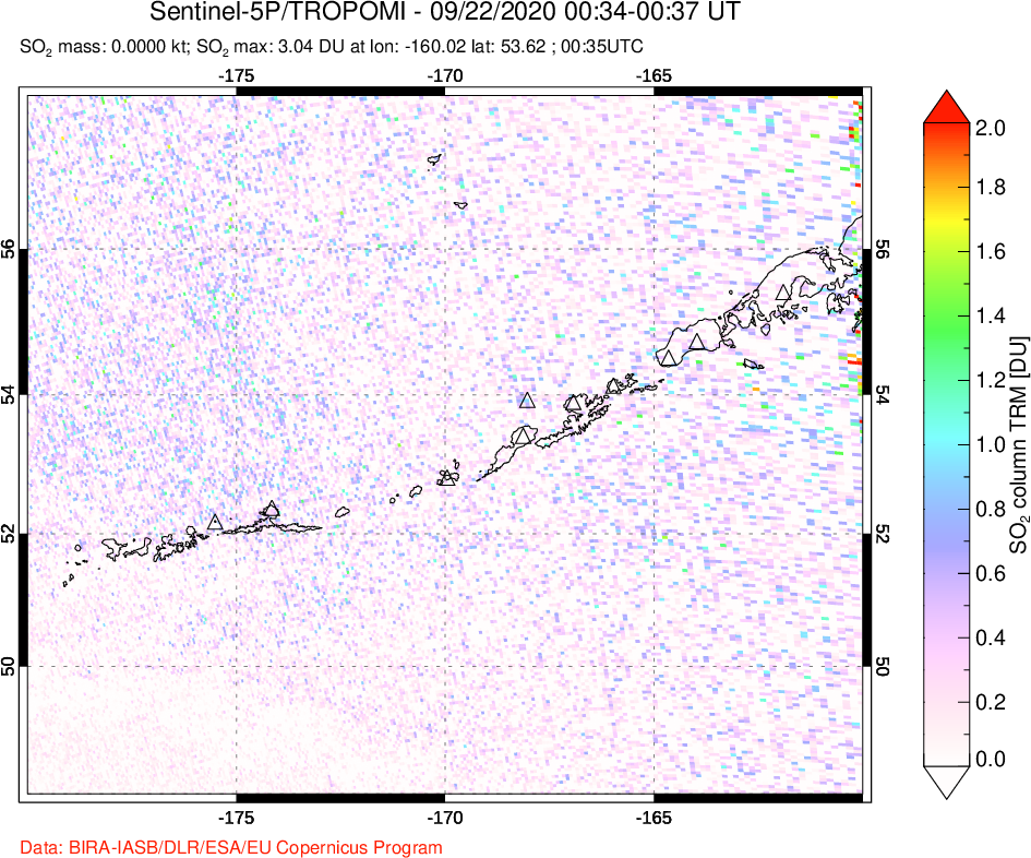 A sulfur dioxide image over Aleutian Islands, Alaska, USA on Sep 22, 2020.