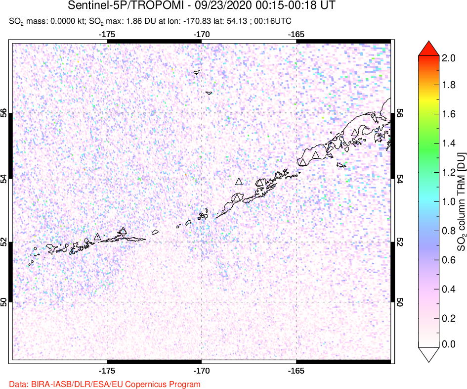 A sulfur dioxide image over Aleutian Islands, Alaska, USA on Sep 23, 2020.