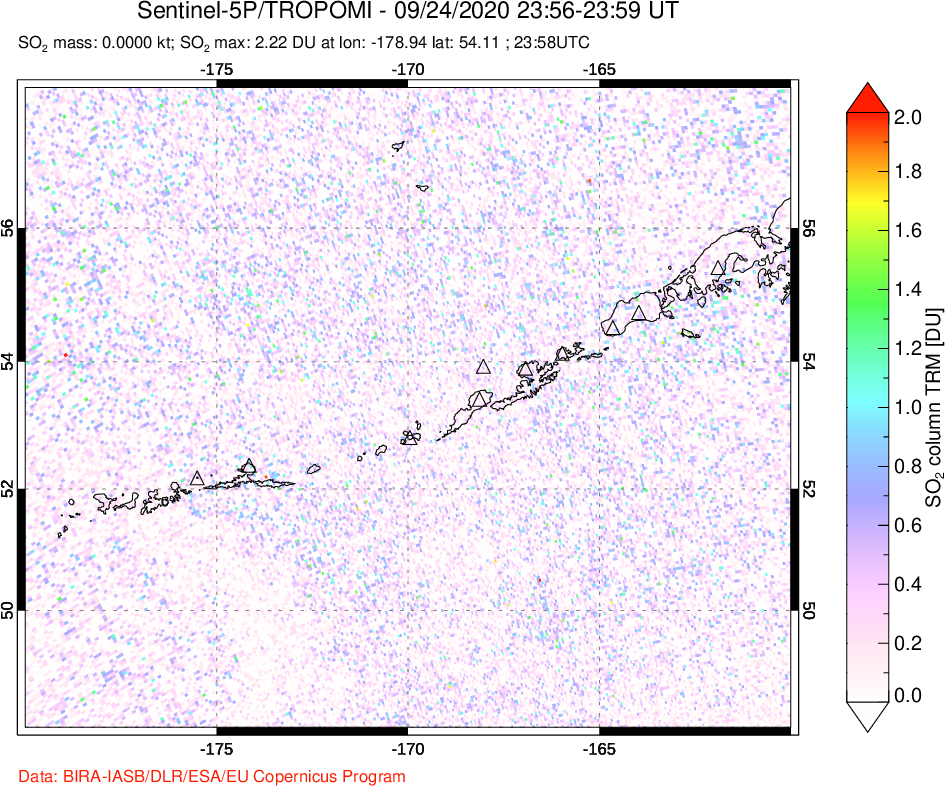 A sulfur dioxide image over Aleutian Islands, Alaska, USA on Sep 24, 2020.