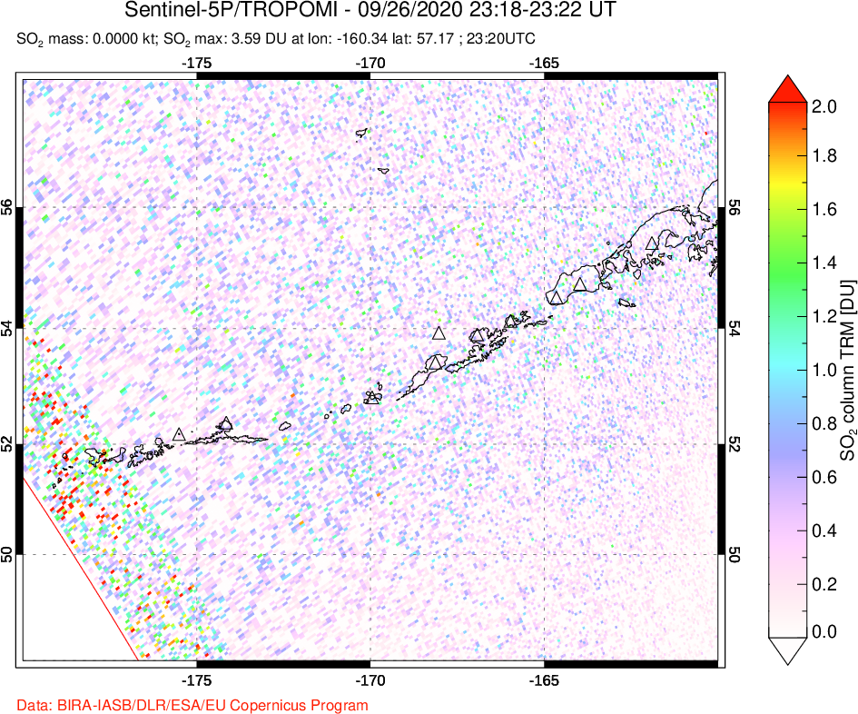 A sulfur dioxide image over Aleutian Islands, Alaska, USA on Sep 26, 2020.