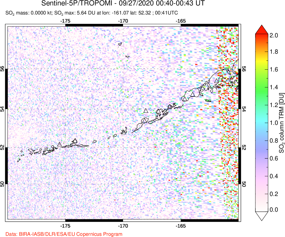 A sulfur dioxide image over Aleutian Islands, Alaska, USA on Sep 27, 2020.