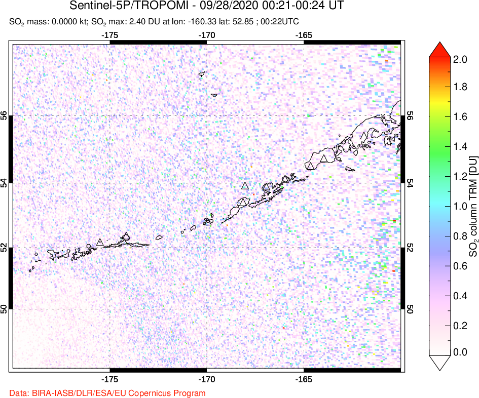 A sulfur dioxide image over Aleutian Islands, Alaska, USA on Sep 28, 2020.