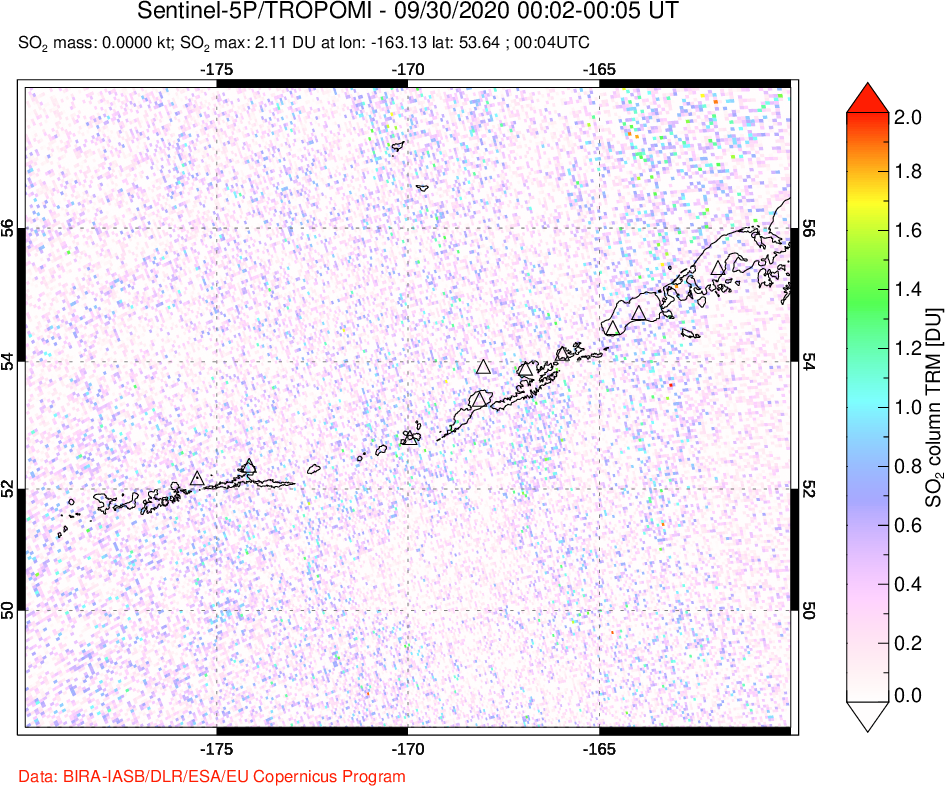 A sulfur dioxide image over Aleutian Islands, Alaska, USA on Sep 30, 2020.