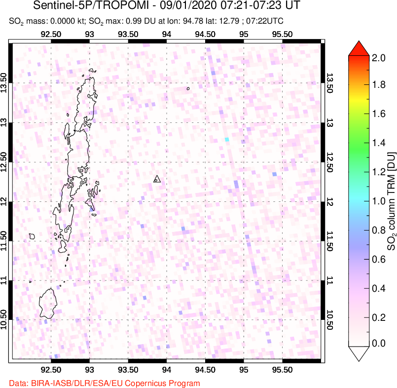 A sulfur dioxide image over Andaman Islands, Indian Ocean on Sep 01, 2020.