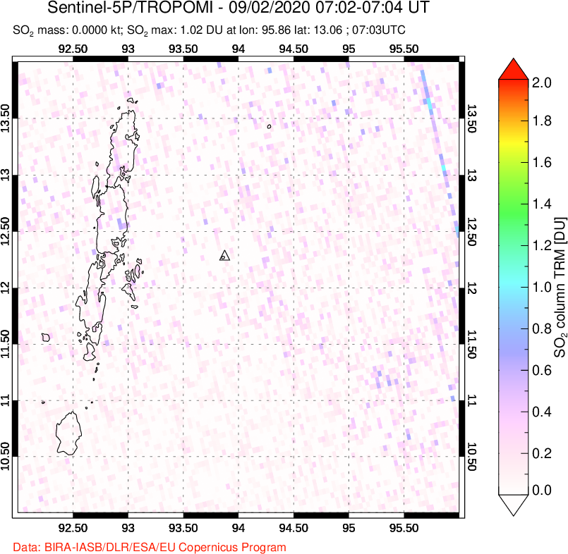 A sulfur dioxide image over Andaman Islands, Indian Ocean on Sep 02, 2020.
