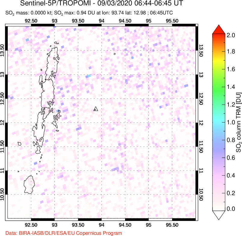 A sulfur dioxide image over Andaman Islands, Indian Ocean on Sep 03, 2020.