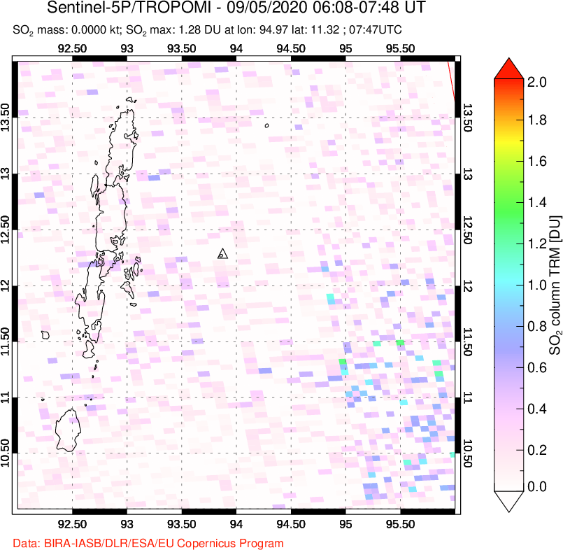 A sulfur dioxide image over Andaman Islands, Indian Ocean on Sep 05, 2020.