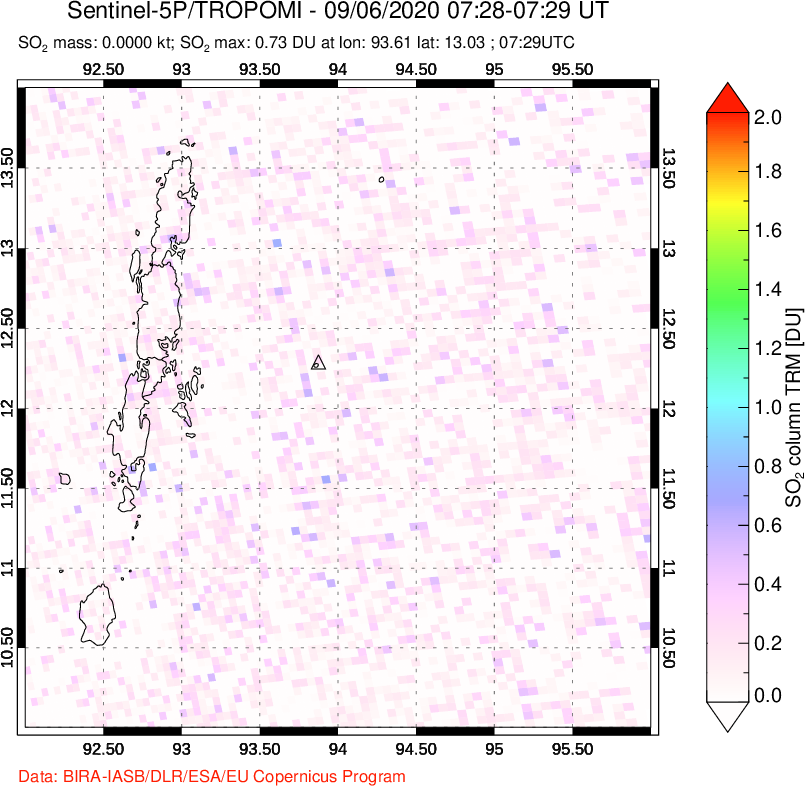 A sulfur dioxide image over Andaman Islands, Indian Ocean on Sep 06, 2020.