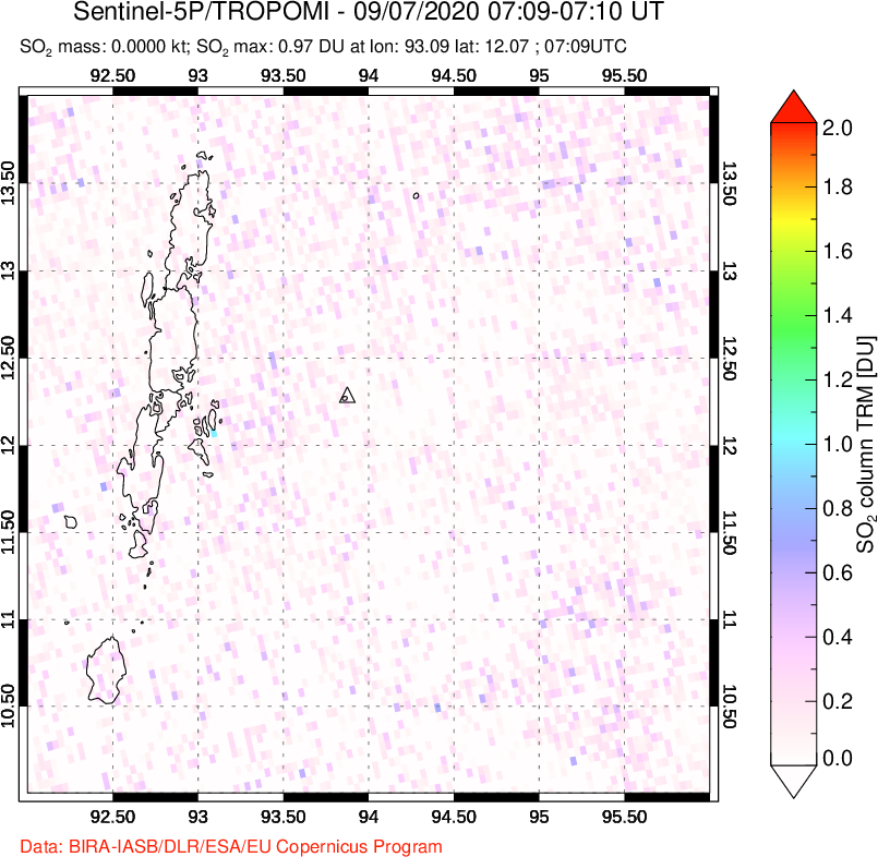 A sulfur dioxide image over Andaman Islands, Indian Ocean on Sep 07, 2020.