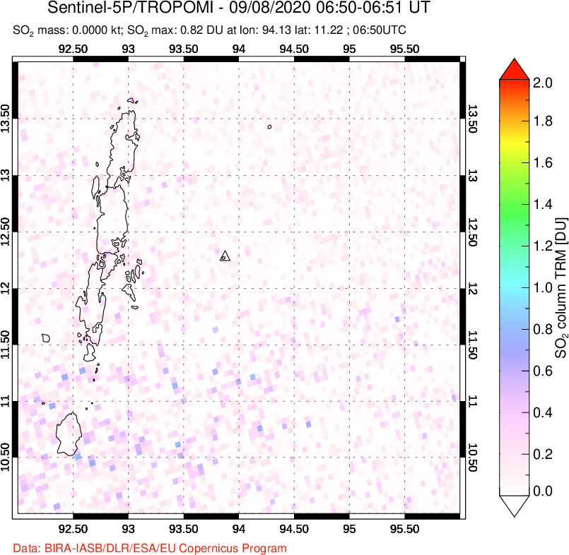 A sulfur dioxide image over Andaman Islands, Indian Ocean on Sep 08, 2020.