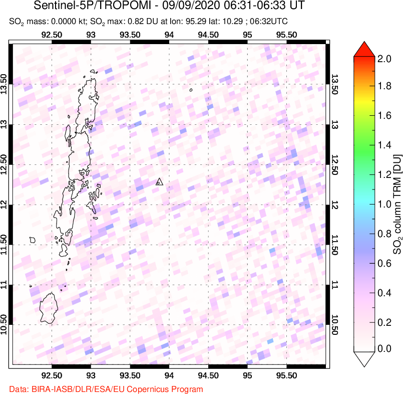 A sulfur dioxide image over Andaman Islands, Indian Ocean on Sep 09, 2020.