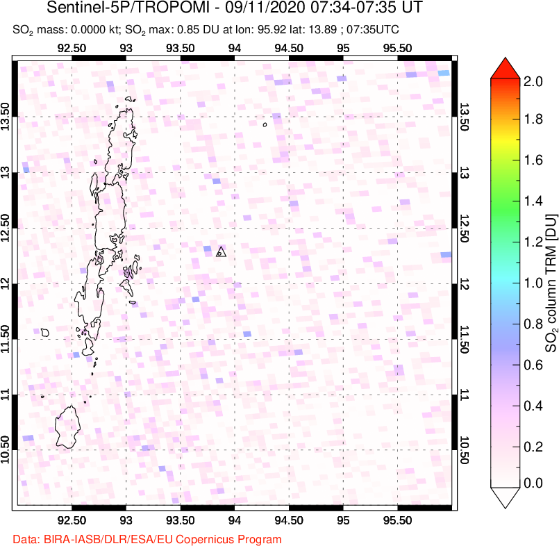 A sulfur dioxide image over Andaman Islands, Indian Ocean on Sep 11, 2020.