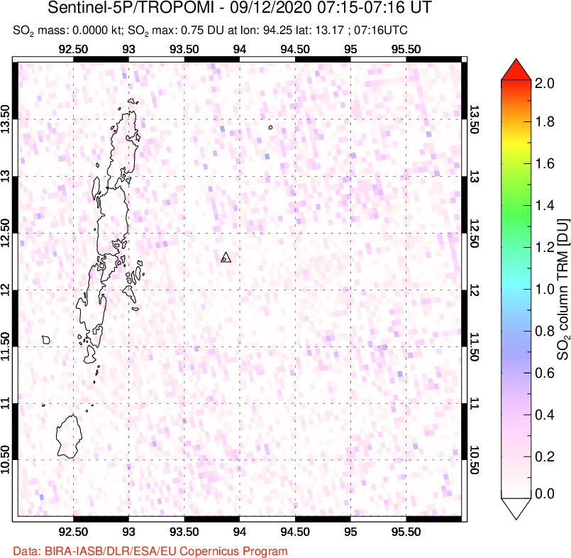 A sulfur dioxide image over Andaman Islands, Indian Ocean on Sep 12, 2020.