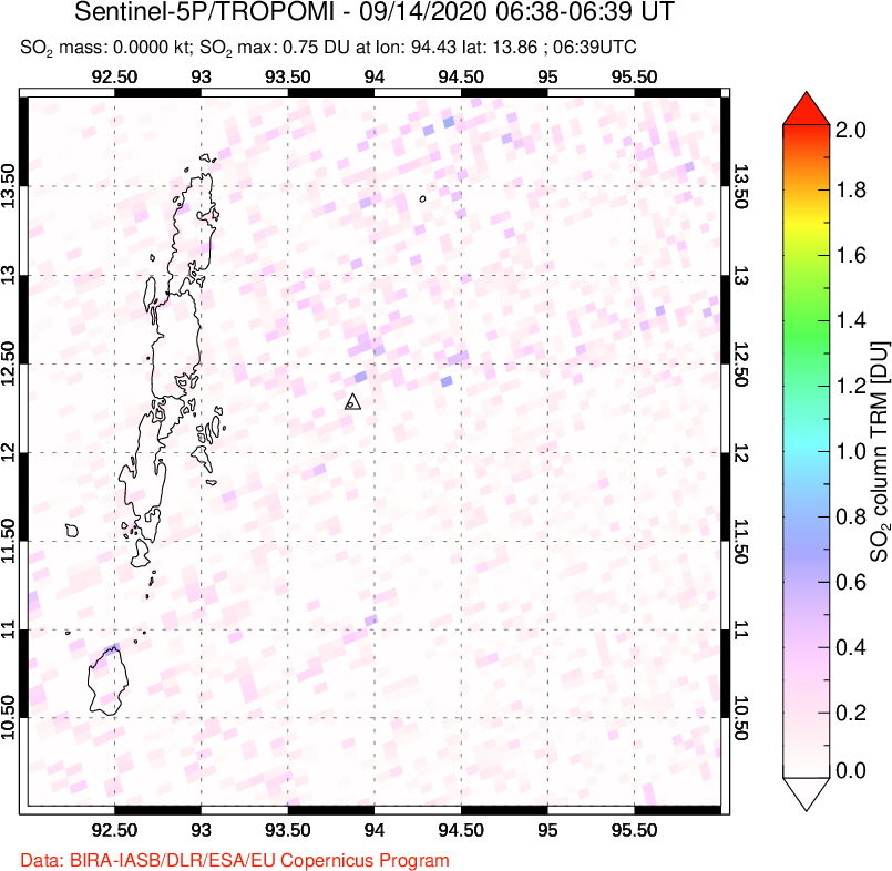 A sulfur dioxide image over Andaman Islands, Indian Ocean on Sep 14, 2020.