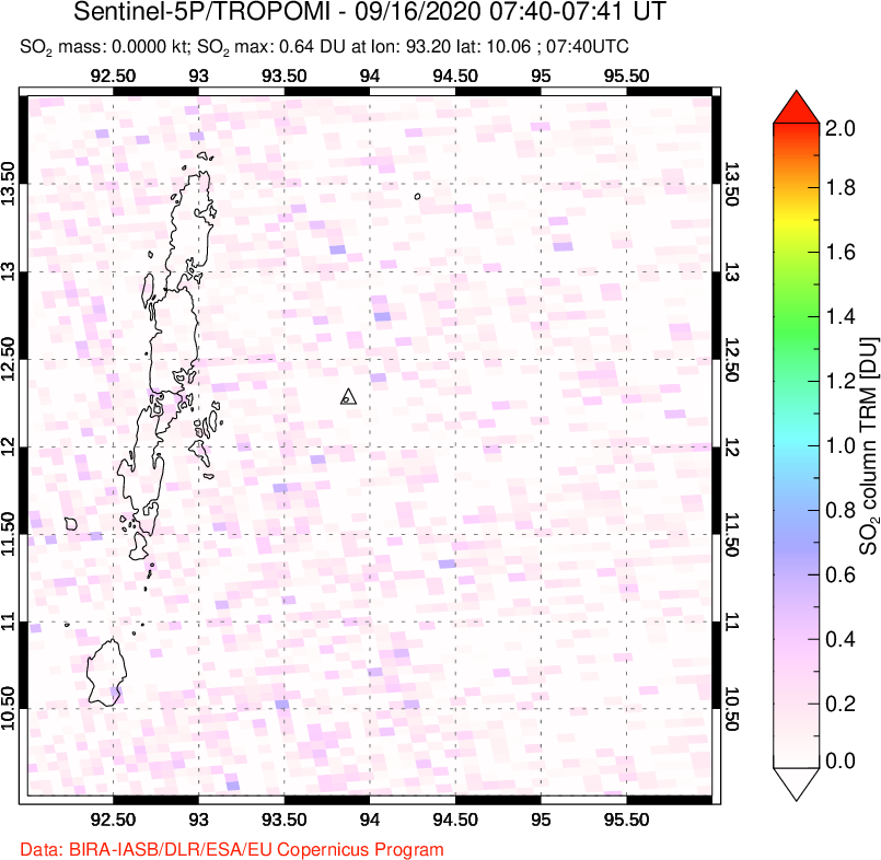 A sulfur dioxide image over Andaman Islands, Indian Ocean on Sep 16, 2020.