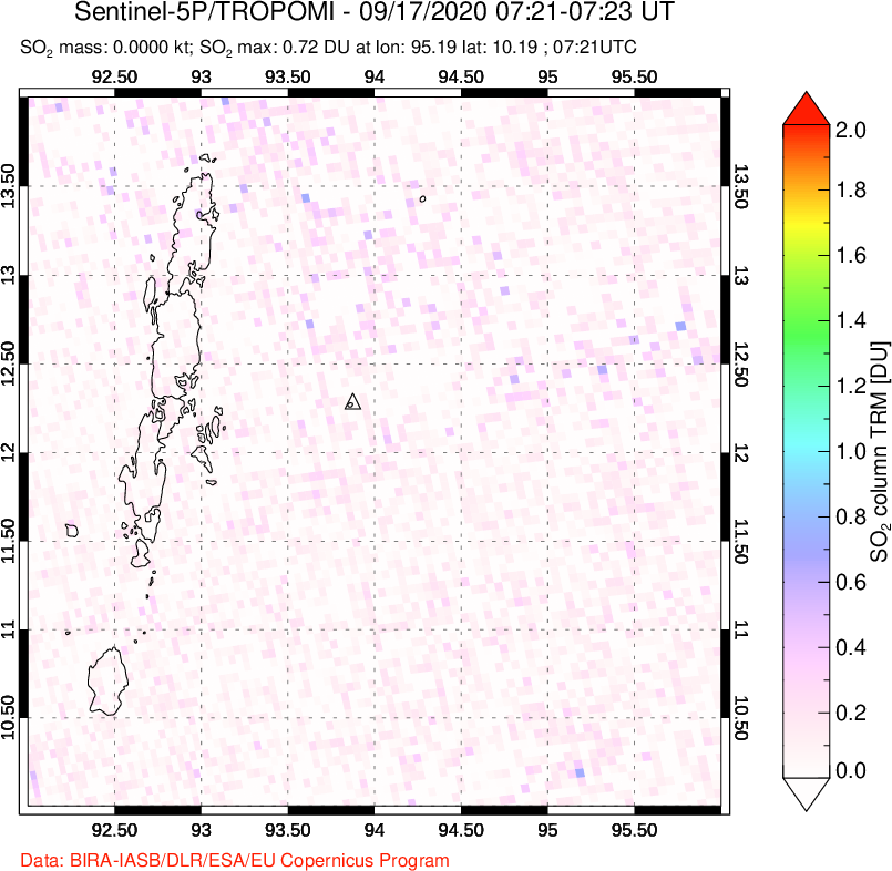A sulfur dioxide image over Andaman Islands, Indian Ocean on Sep 17, 2020.