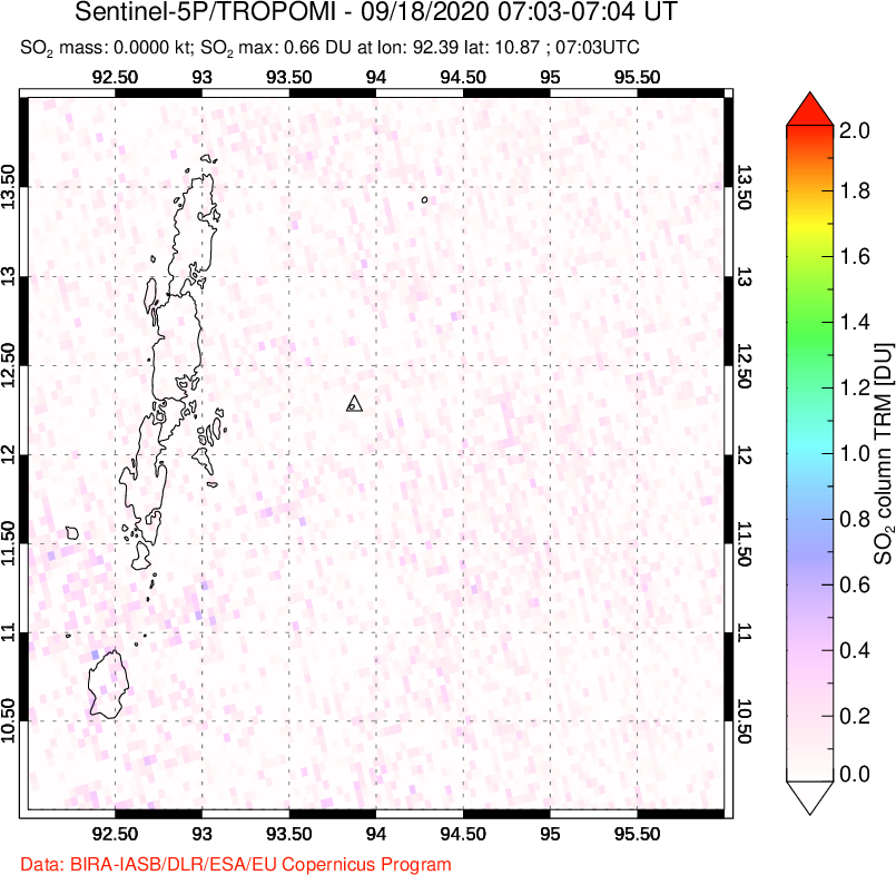 A sulfur dioxide image over Andaman Islands, Indian Ocean on Sep 18, 2020.