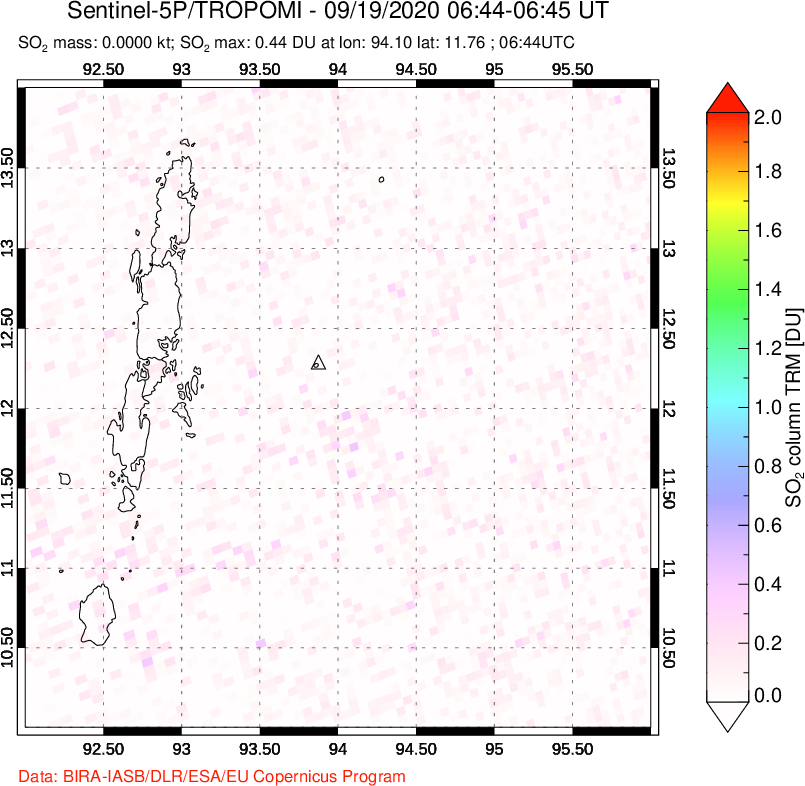 A sulfur dioxide image over Andaman Islands, Indian Ocean on Sep 19, 2020.