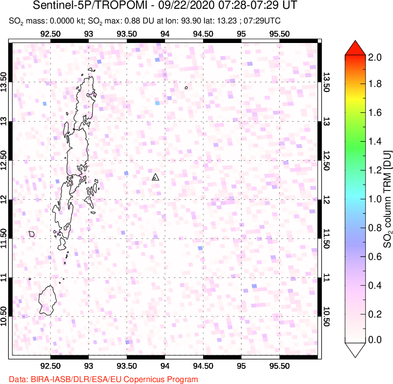 A sulfur dioxide image over Andaman Islands, Indian Ocean on Sep 22, 2020.