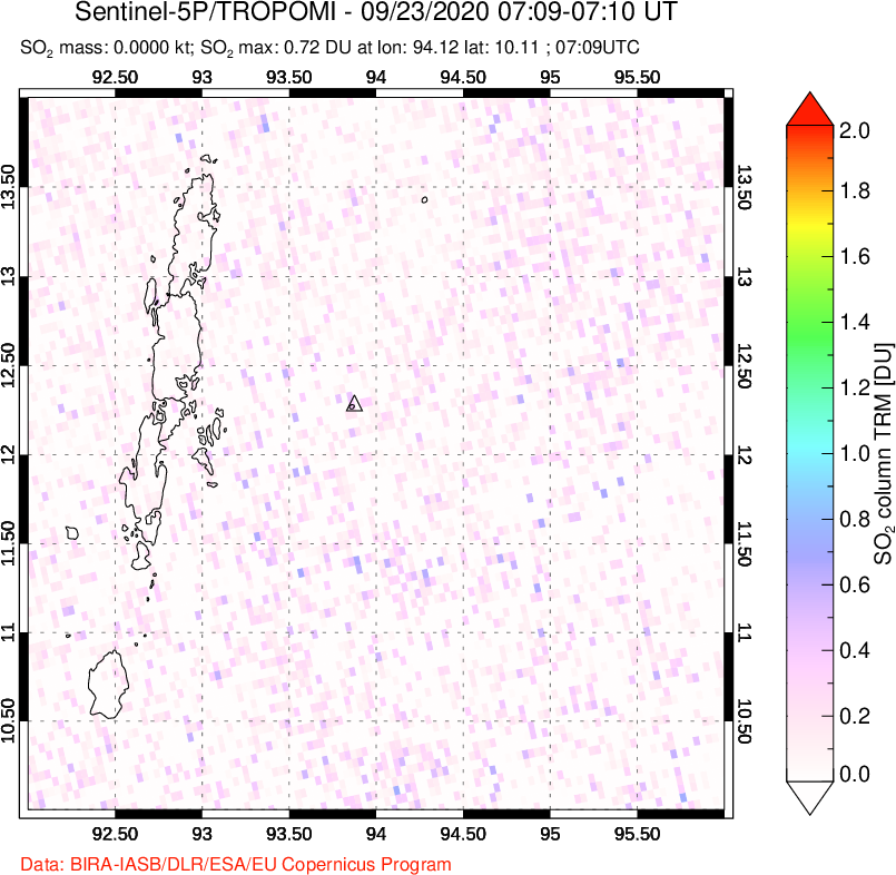 A sulfur dioxide image over Andaman Islands, Indian Ocean on Sep 23, 2020.