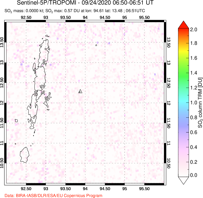 A sulfur dioxide image over Andaman Islands, Indian Ocean on Sep 24, 2020.