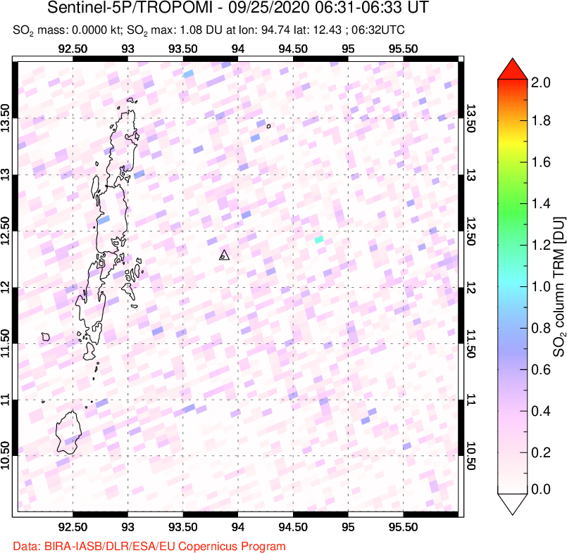 A sulfur dioxide image over Andaman Islands, Indian Ocean on Sep 25, 2020.