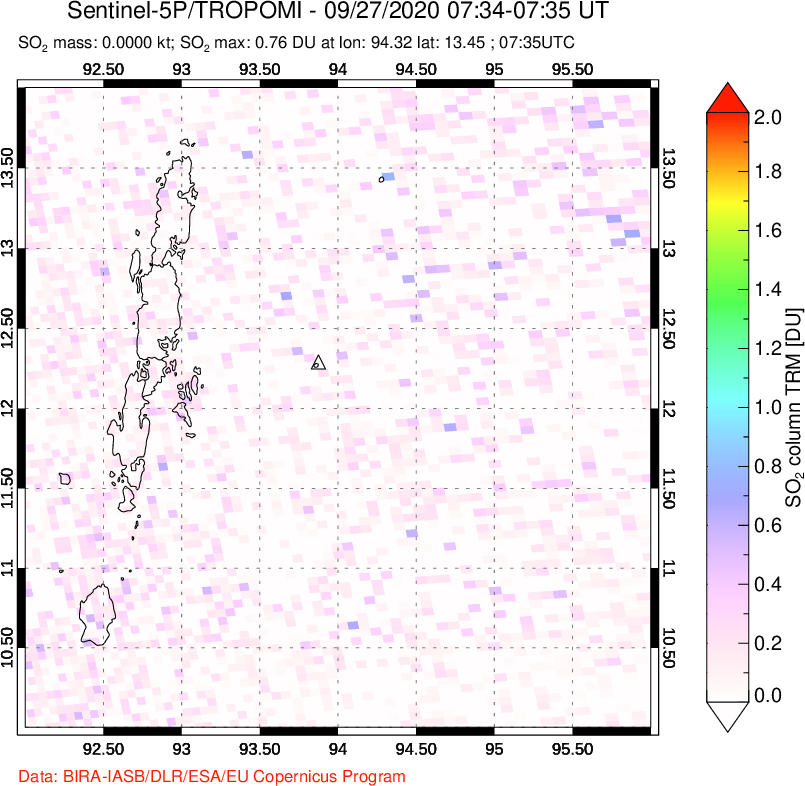 A sulfur dioxide image over Andaman Islands, Indian Ocean on Sep 27, 2020.