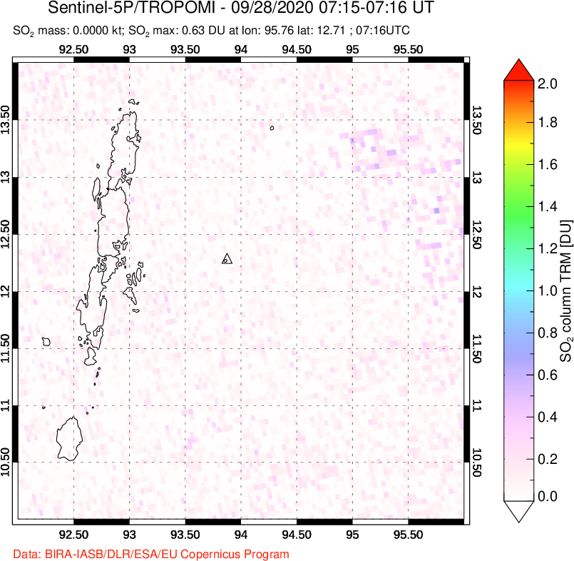 A sulfur dioxide image over Andaman Islands, Indian Ocean on Sep 28, 2020.