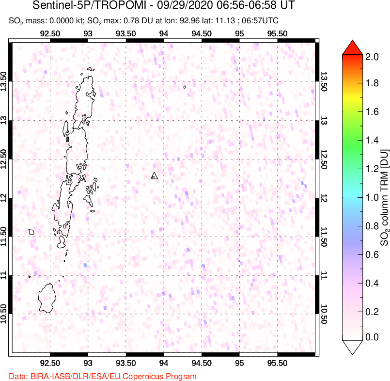 A sulfur dioxide image over Andaman Islands, Indian Ocean on Sep 29, 2020.