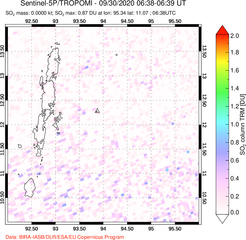 A sulfur dioxide image over Andaman Islands, Indian Ocean on Sep 30, 2020.