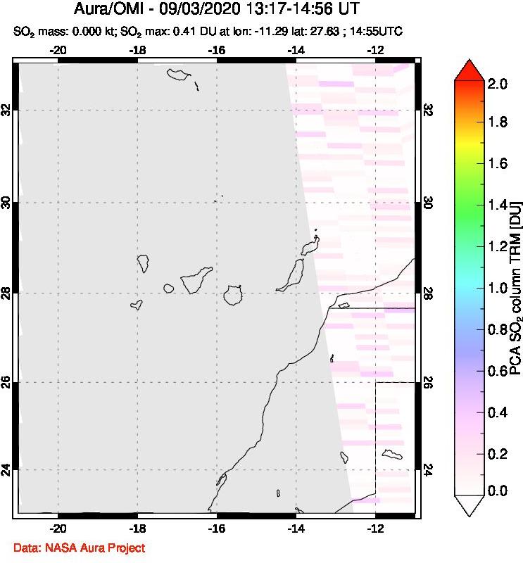 A sulfur dioxide image over Canary Islands on Sep 03, 2020.