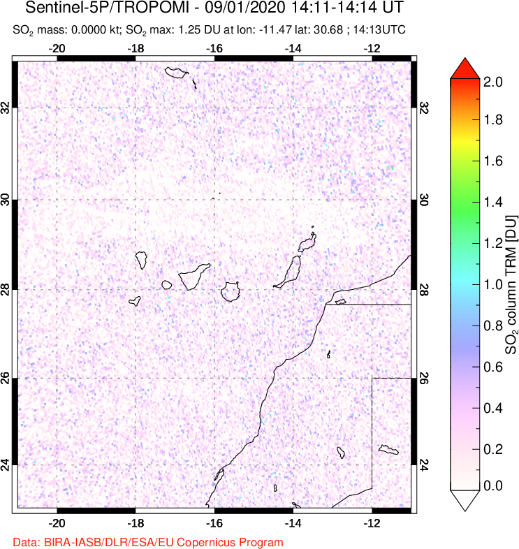 A sulfur dioxide image over Canary Islands on Sep 01, 2020.