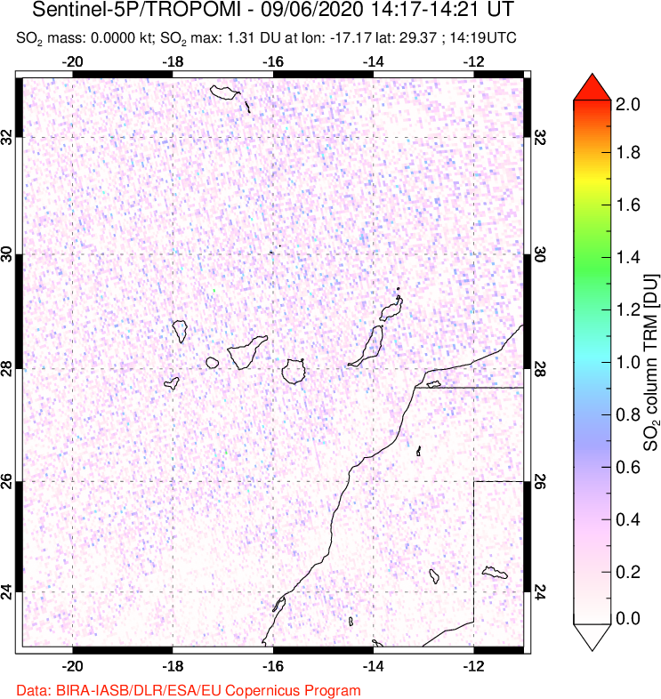 A sulfur dioxide image over Canary Islands on Sep 06, 2020.