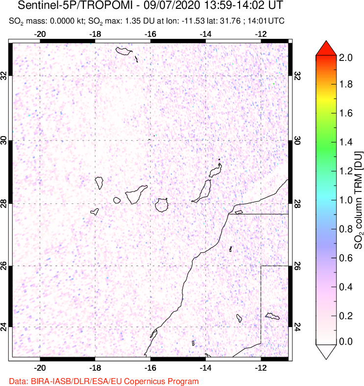 A sulfur dioxide image over Canary Islands on Sep 07, 2020.