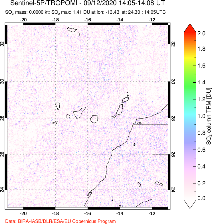 A sulfur dioxide image over Canary Islands on Sep 12, 2020.