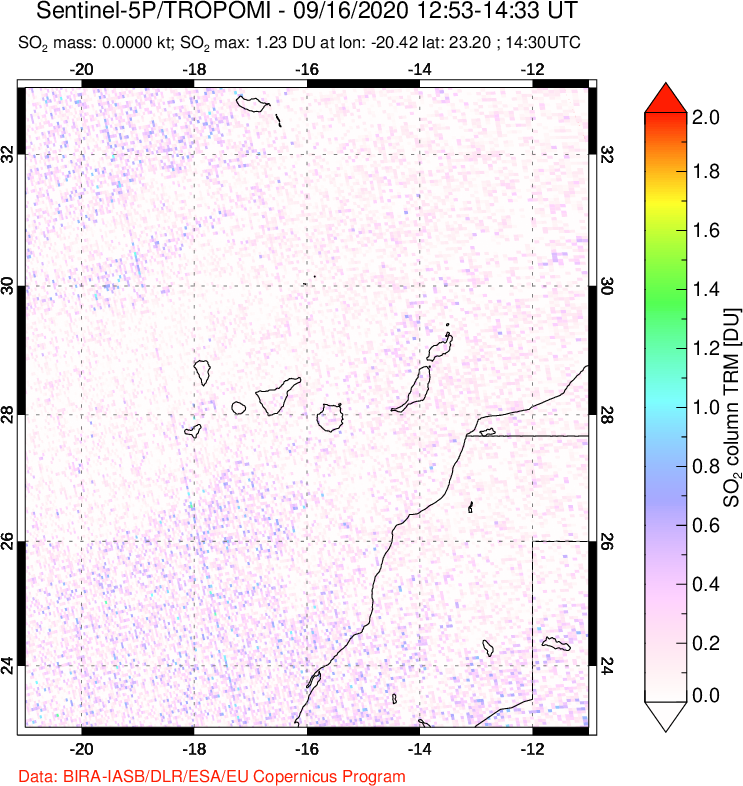 A sulfur dioxide image over Canary Islands on Sep 16, 2020.