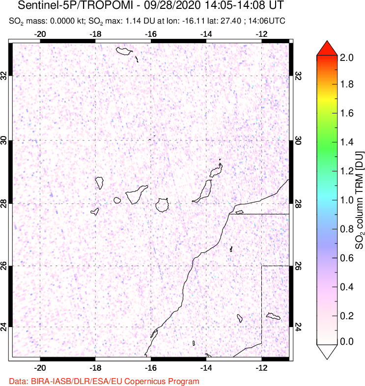 A sulfur dioxide image over Canary Islands on Sep 28, 2020.