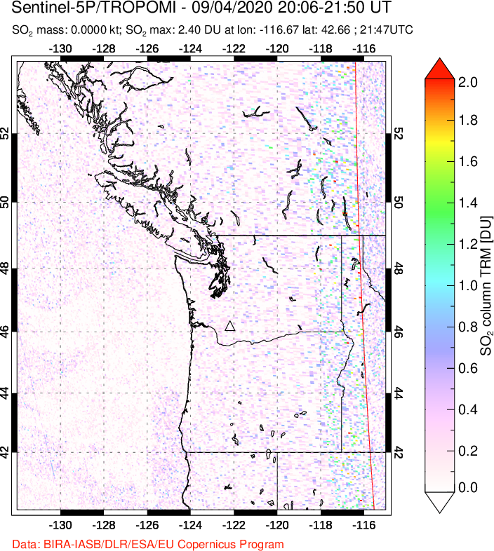 A sulfur dioxide image over Cascade Range, USA on Sep 04, 2020.