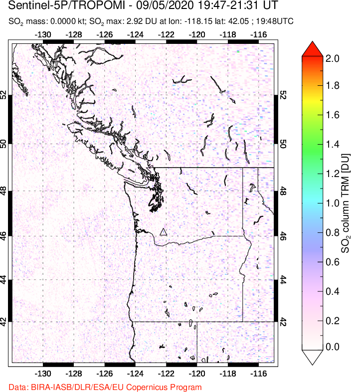 A sulfur dioxide image over Cascade Range, USA on Sep 05, 2020.