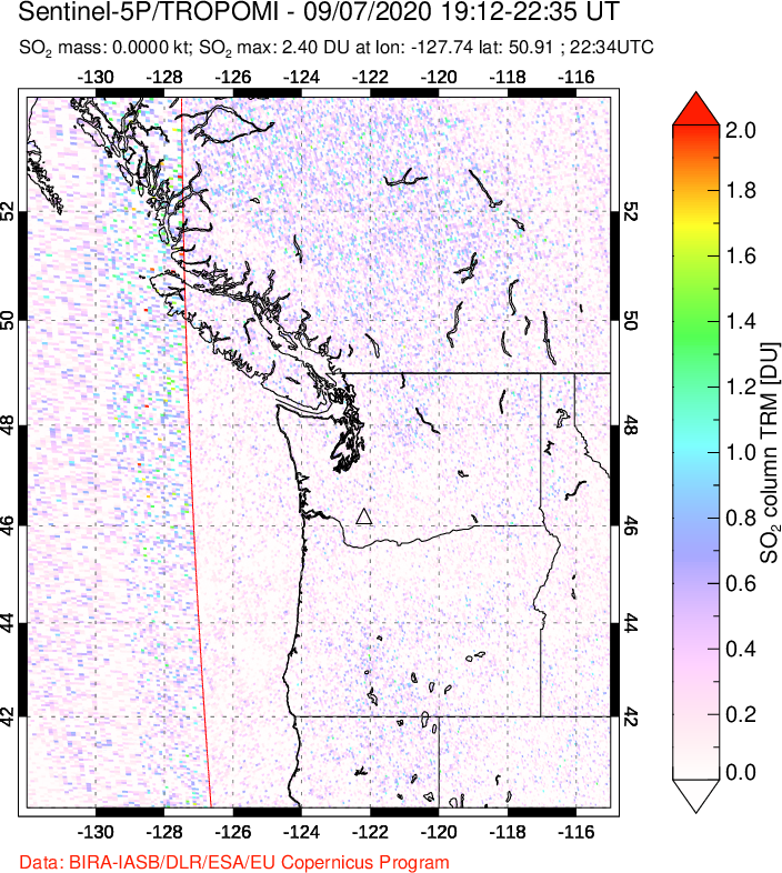 A sulfur dioxide image over Cascade Range, USA on Sep 07, 2020.