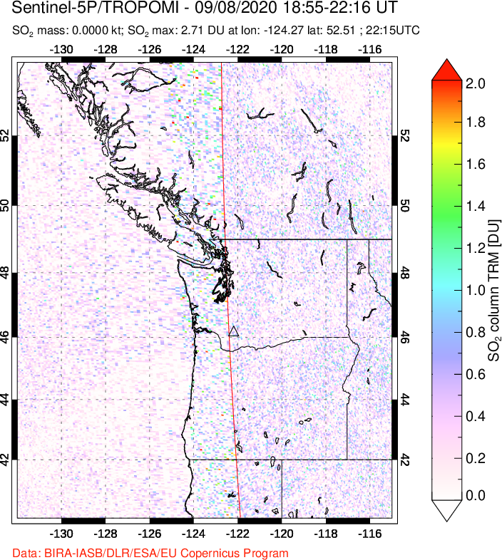 A sulfur dioxide image over Cascade Range, USA on Sep 08, 2020.