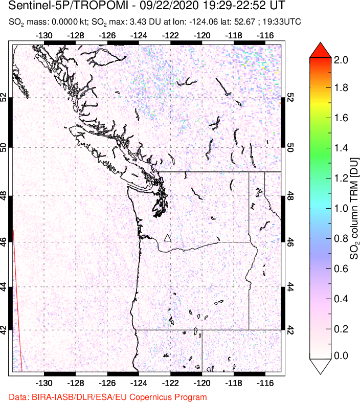 A sulfur dioxide image over Cascade Range, USA on Sep 22, 2020.